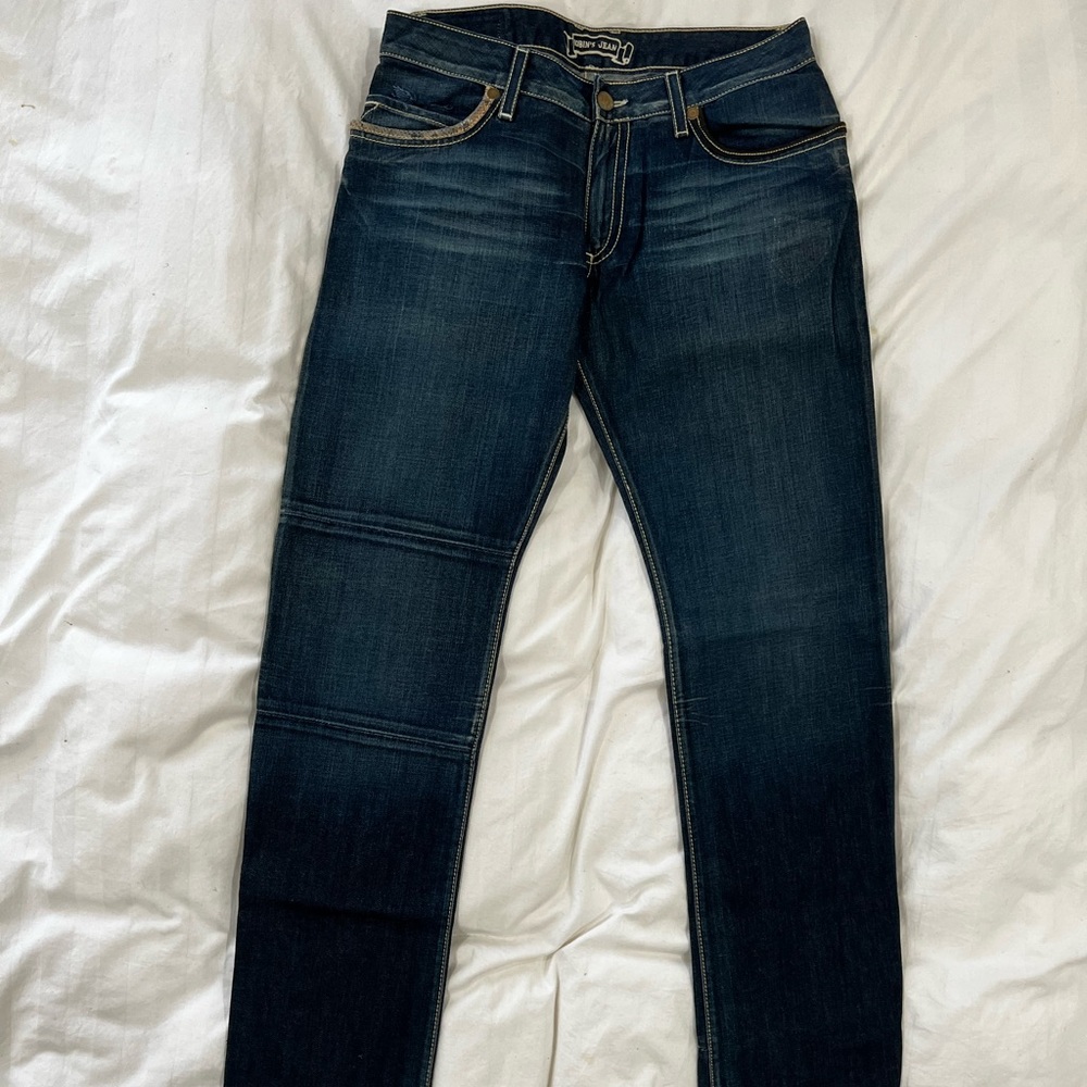 Robin’s Jean men’s denim with leather accent pockets New Without Tags. 33/34
